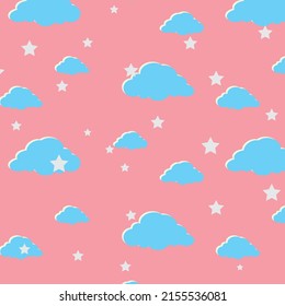 there are blue color clouds and white stars on orange background, vector