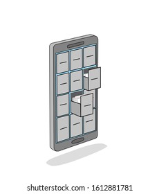 there are a lot of boxes on the phone. storing information on the phone. selection of the desired archive. vector illustration.