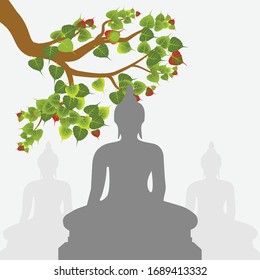 There is a branch of a Bo tree and three Buddha statues.