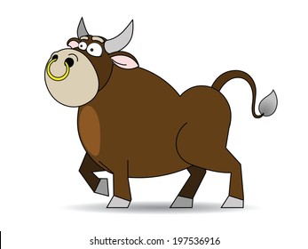 There is a brown bull with a gold ring in the nose.