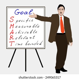 There can be any of your text. Manager points on the flip chart. Achieving the goal. SMART. Coach training personnel. Leader, speaker, lecturer, salesman, boss infograph. Vector. Icon.