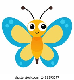 There is a cartoon butterfly with blue and yellow wings that is smiling happily