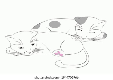                 Hay una caricatura de dos gatos blancos y puntos de polka grises. Dibujo de la línea negra del gato durmiente Y sueños sobre un fondo blanco, hacer logos, imprimir pegatinas y decorar varios patrones