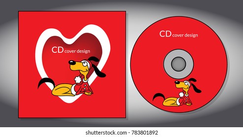 There is CD cover design template with funny dog. Dog Chinese zodiac symbol of the 2018 year. Vector illustration.