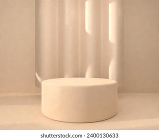 There is a circular pillar in front against a beige background and a beige curtain object. Showcase, stage, studio 3d render vector image