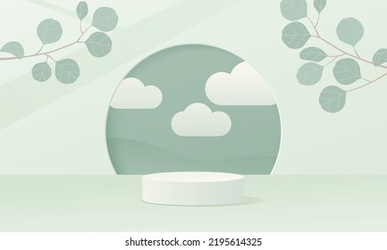 En el espacio verde pastel hay un escenario circular. En la parte superior hay una rama con hojas redondas. Hay nubes en el fondo. ilustración vectorial de estilo de diseño plano.