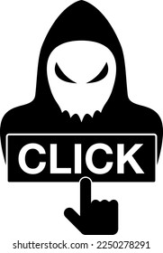 There are click tags and handmarks. At the top is a hooded figure reminiscent of a villain. Created with vector data.