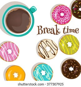 There is coffee and colorful dough nuts in a white background.