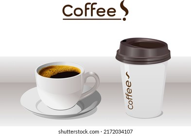 There are coffee mugs in glass and plastic.