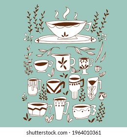 There are coffee in various coffee cups.