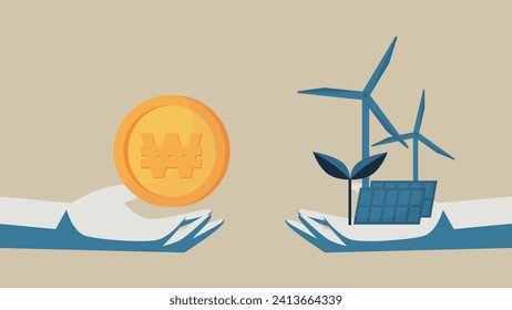 There is a coin in your hand. In his hands are sprouts, wind power and solar panels.