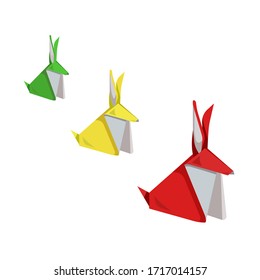There are collection of colorful origami rabbits from big to small on white isolated background made as a vector illustration that can be used as prints and an original art or as an element of décor.