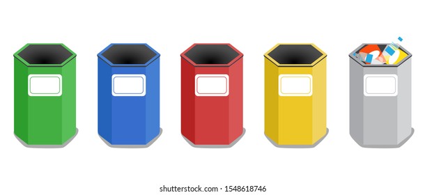 There is color split trash and the label front. There is a color green blue red and yellow. There are waste recycle, plastic, general, venom and reuse a total of 5 trash