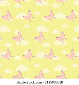 There are colorful butterfly patterns on the yellow clouds. vector textile fabric decorative