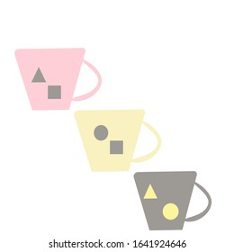 There are colorful three cups with triangle circle and square design on white background 