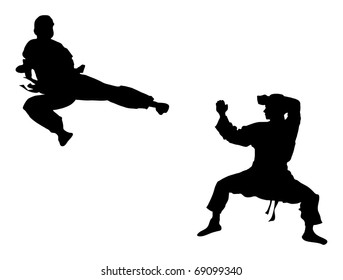 There are competitions on karate . Two sportsmen combat.