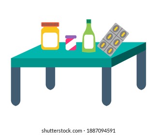 There are complete medical medicines in the form of pills, syrups, etc. vector illustration, flat design style