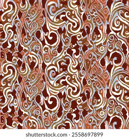 There is a complex and colourful abstract pattern full of intertwined and sinuous lines and shapes. The pattern consists of different shapes and lines in shades of brown, red, white, blue and gold