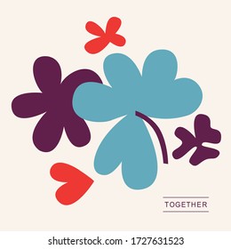 There is a composition of three-color clover flowers. Flat Lat Style, Vector. Template for greeting card, poster, invitation and Logotype.