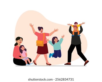 There was a couple and their sister who already had a daughter, the father was holding his son on his shoulders, while his wife was standing with his daughter, they were very happy.
illustration