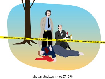 there is a crime scene with a dead man on the floor, under the head is a big puddle of blood. At the crime scene is the criminal investigator and forensic doctor