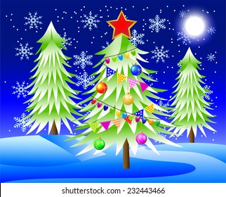 there is the decorated Christmas tree in-field,  vector  illustration