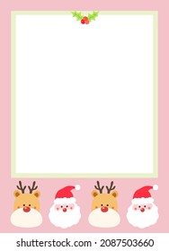 There are decorations on the pink memo paper, and Santa and deer are alternately placed Christmas, letter paper, mail, invitation, notebook. Vector drawing. Hand drawn style.