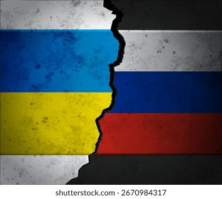 Zwischen der ukrainischen und der russischen Flagge klafft ein tiefer Riss an einer Betonmauer. Militärischer Konflikt in Osteuropa