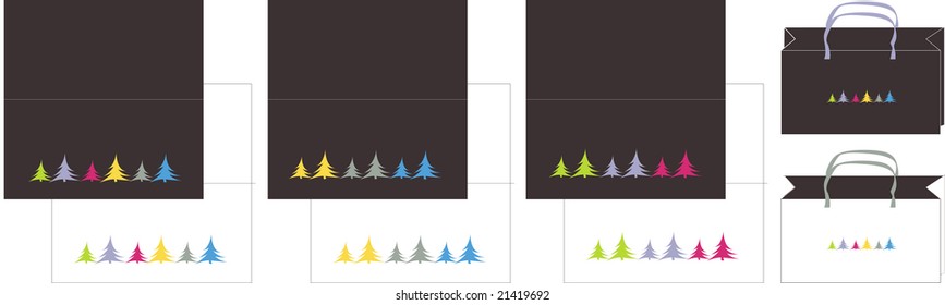 There are designer idea of holiday postcard, bag and gift paper wrapping.