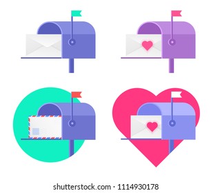 There are different envelopes in the mailboxes. Flat vector illustration of postboxes with avia letter, blank envelope, valentine card with heart. Receiving a correspondence, postal, mail concept set.