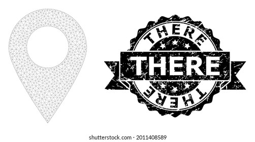 There dirty stamp seal and vector map marker mesh structure. Black stamp seal has There tag inside ribbon and rosette. Abstract flat mesh map marker, created from triangles.