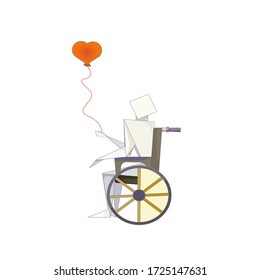 Hay un caracter de papel discapacitado con silla de ruedas y un globo sobre fondo blanco aislado, ilustración vectorial que se puede usar en temas de Medicina, Rehabilitación y Discapacidad.