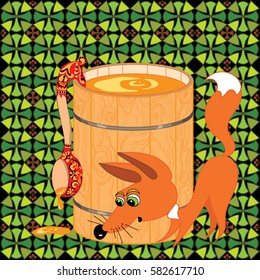 There is drawn a sweet tooth the fox, which ran eat honey from the barrel.