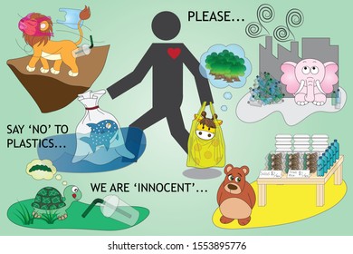 There are effects to environment from using plastic bag, plastic cup, plastic straws and foam boxes. Many animals got these effects, and this is there voice through the pictures to say no to plastics.