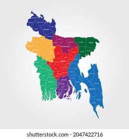 Hay ocho divisiones en Bangladesh Now. En este mapa los separo todos con un color diferente.