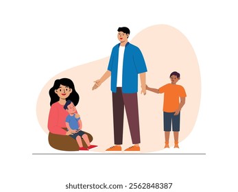 There is the father holding his son's hand, while the mother holds her second son who is still a toddler.
design, vector, illustration