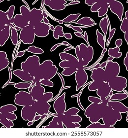 There are floral designs and leaves in white on a black background. The flowers and leaves are stylised and have a hand-drawn style