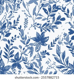 there are floral and leaf patterns in various shades of blue on a white background