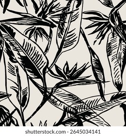 There are flowers, leaves and branches of different sizes detailed with black lines on a cream-colored background