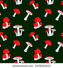 There are fly agaric isolates on a dark green background seamless pattern