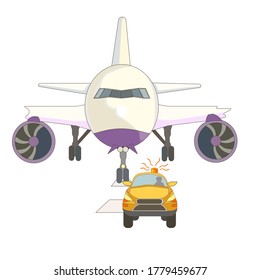 There are Follow Me Car and an airplane on runway that is made as a vector illustration for Airport daily routine concept to use as a print, a logo or as an art for making design of websites. 