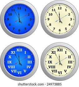 There are four clocks reading about five minutes until twelve.