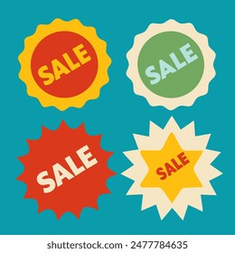 There are four sale stickers displayed against a blue background