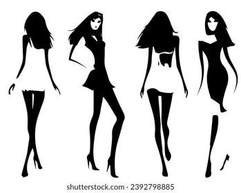 There are four slender female models on the catwalk. Front, side and back views. Stylization. Black silhouette on a white background. Vector