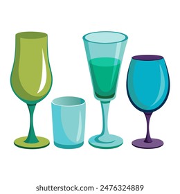 There are four wine glasses of different colors placed on a white background