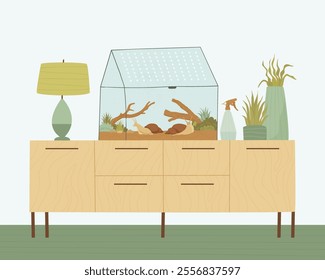 There is a garden with snails and plants on the nightstand in the room. The domestic snail lives in a garden specially created for it. T Flat vector illustration