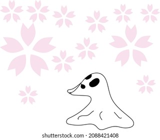 There is a ghost character under the cherry blossoms in full bloom