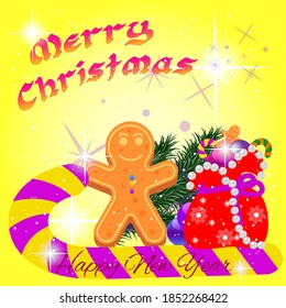 There is a gingerbread on a candy sleigh with a bag of gifts and a Christmas tree on a light background with stars, snow and the words Merry Christmas and Happy New Year.