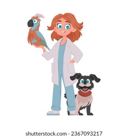 There is a girl who looks after animals. She is really funny and adorable, and she loves spending time with them. Vector Illustration.