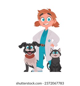 There is a girl who looks after animals. She is fun and adorable and enjoys being with them. Vector Illustration.